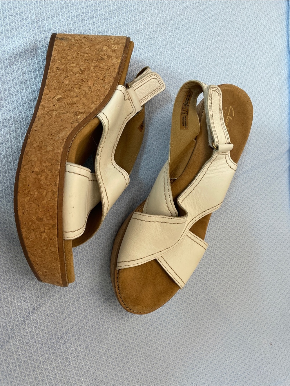 Clarks Cream Leather Cork Wedge Slingback Sandals
